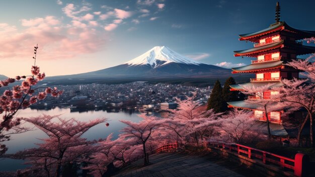 bellissimi paesaggi giapponesi Monte Fuji e pagode rosse