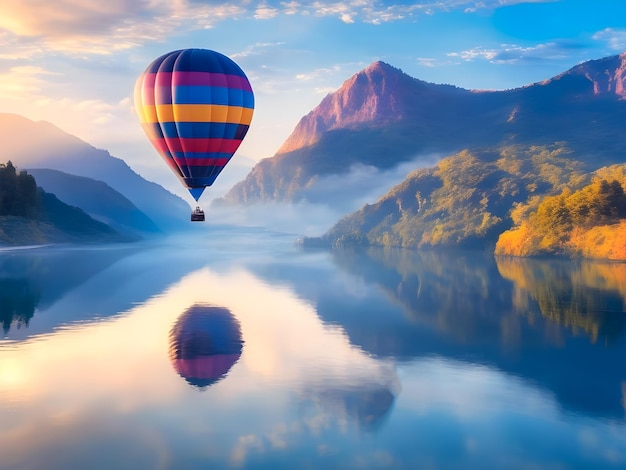 Bellissimi palloncini caldi galleggiano su fiumi e montagne