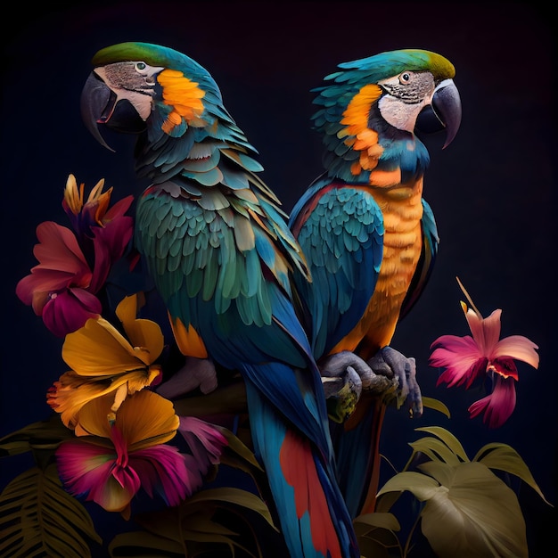 Bellissimi pappagalli macaw con fiori tropicali su sfondo nero