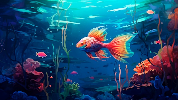 Bellissimi pesci colorati nell'acquario Rendering 3d del mondo sottomarino