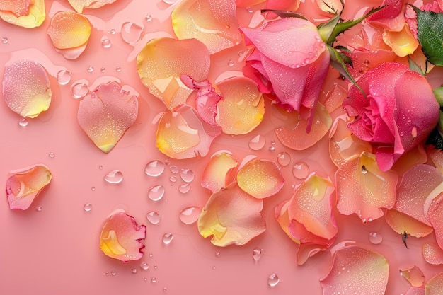 Bellissimi petali di rosa in acqua su sfondo rosa vista dall'alto