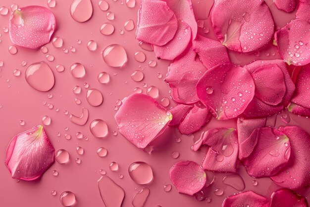 Bellissimi petali di rosa in acqua su sfondo rosa vista dall'alto