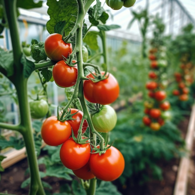 Bellissimi pomodori rossi maturi coltivati in serra Pomodoro da giardinaggio Generativo ai