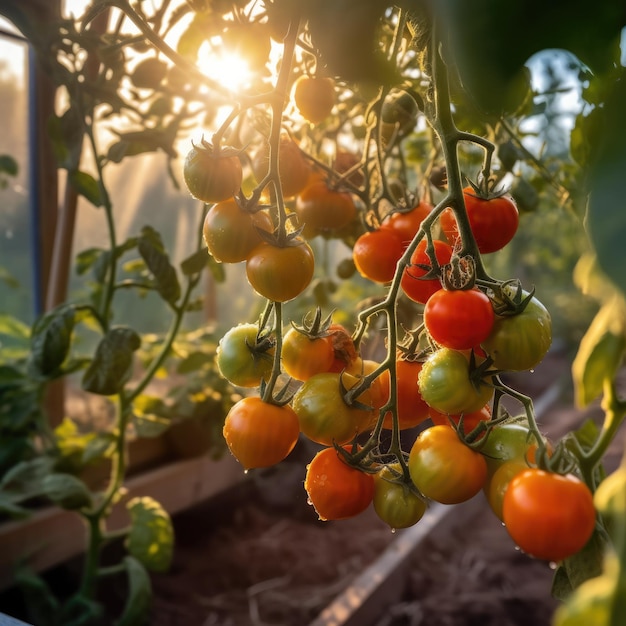 Bellissimi pomodori rossi maturi coltivati in serra Pomodoro da giardinaggio Generativo ai