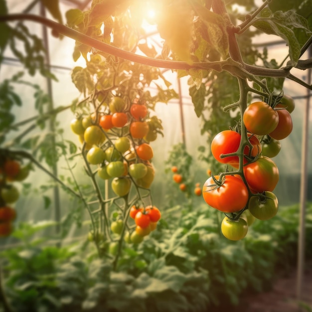 Bellissimi pomodori rossi maturi coltivati in una serra Pomodoro da giardinaggio Ai generativo