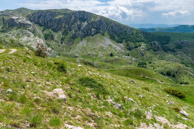 Bellissimi prati verdi si estendono tra le montagne pittoresche.