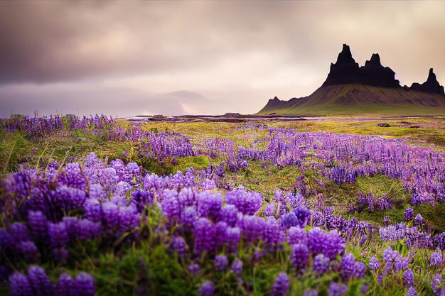 Bellissimi prati viola in fiore sul territorio della spiaggia islandese