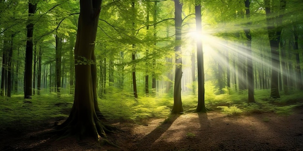 Bellissimi raggi di sole in una foresta verde AI generativa