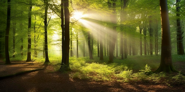 Bellissimi raggi di sole in una foresta verde IA generativa