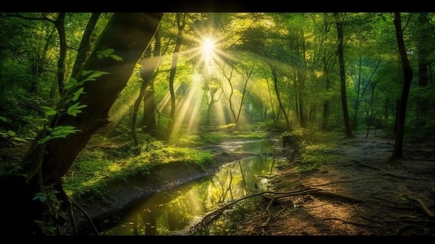 Bellissimi raggi di sole in una foresta verde