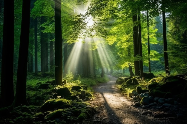 Bellissimi raggi di sole in una foresta verde