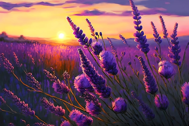 Bellissimi rametti fioriti di lavanda sullo sfondo del tramonto sul campo di lavanda