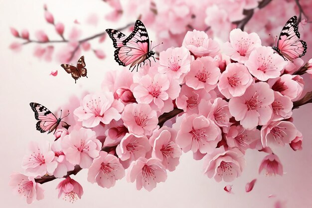 Bellissimi rami di sakura in fiore con farfalle sullo sfondo chiaro