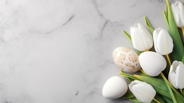 Bellissimi tulipani bianchi con uova di quaglie colorate Generative ai