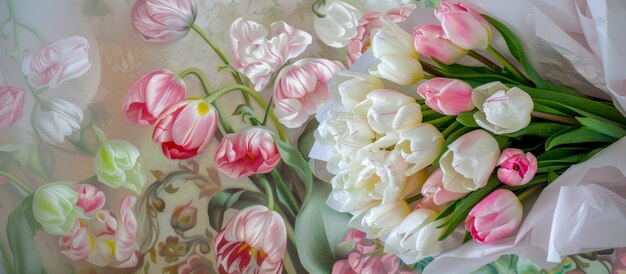 Bellissimi tulipani bianchi su uno sfondo floreale in stile art nouveau copia spazio e idea per un regalo fo