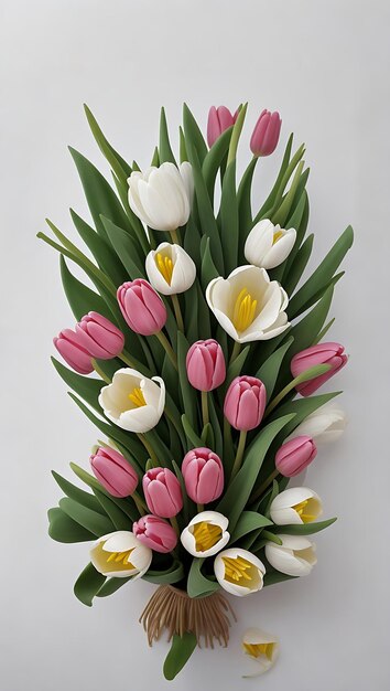 bellissimi tulipani di colore rosso bianco e rosa su uno sfondo di legno bianco