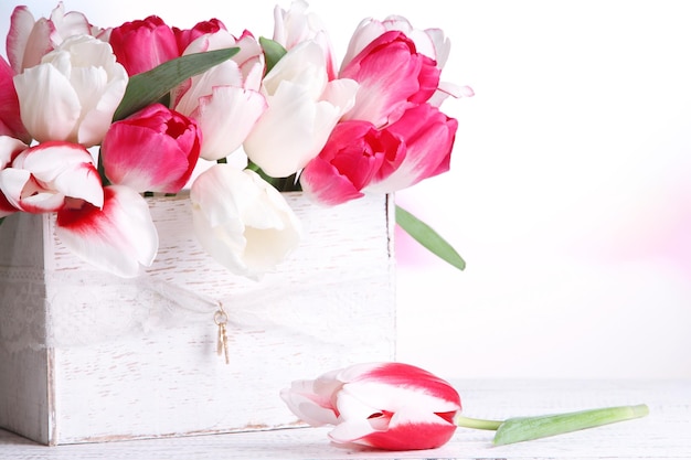 Bellissimi tulipani in scatola di legno, su sfondo chiaro