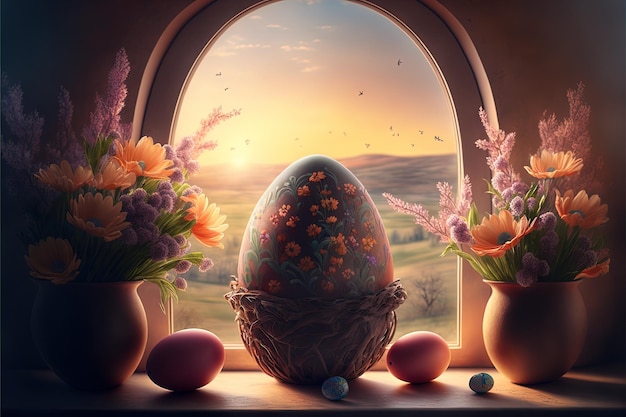 Bellissimi uccelli seduti in un nido di bastoncini con piccole uova decorate sullo sfondo di fiori in fiore e fiori astratti e finestra Design per le vacanze di Pasqua