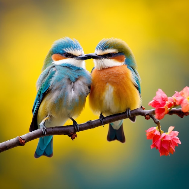 bellissimi uccelli sono amanti due uccelli con colori rossi e gialli brillanti sono su un ramo nello stile