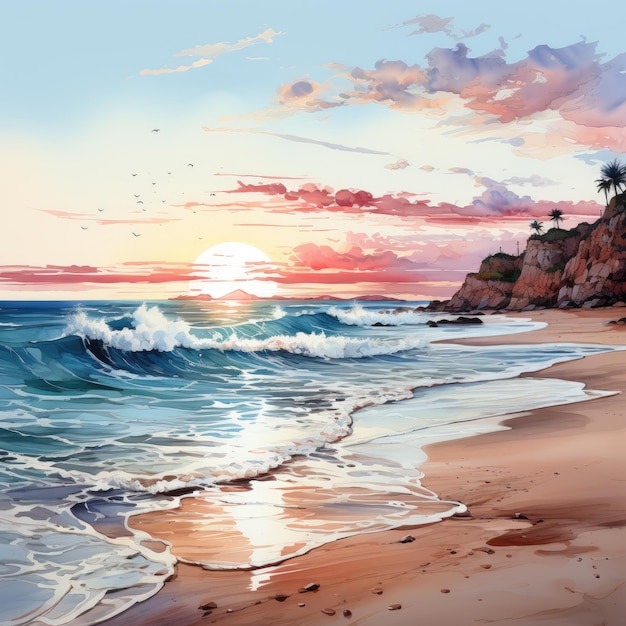 Bellissimo acquerello alba sulla spiaggia Clipart