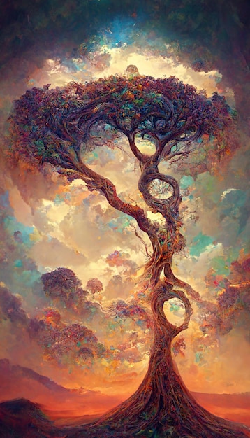 Bellissimo albero della vita simbolo sacro Illustrazione 3D del concetto di prosperità e crescita dell'individualità