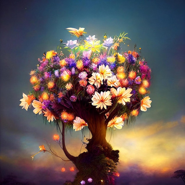 Bellissimo albero di fiori in fiore in un giardino incantato, illustrazione fantasy realistica, sfondo
