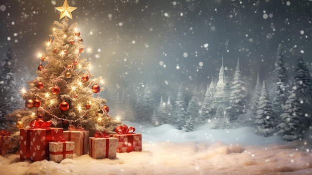 Bellissimo albero di Natale con scatole regalo nello spazio di illustrazione del paesaggio invernale per il testo