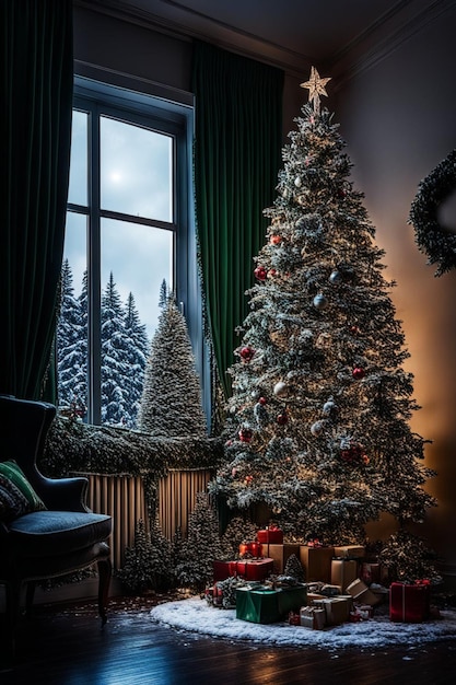 Bellissimo albero di Natale verde per interni decorato con tanti ornamenti in luce fioca