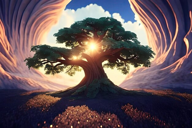 bellissimo albero magico con nuvole e luce magiche