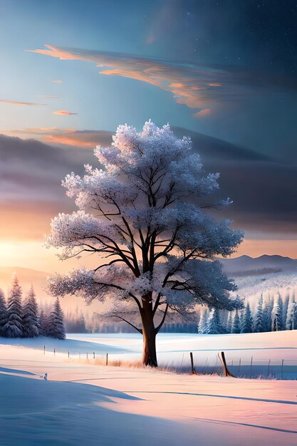 bellissimo albero nel paesaggio invernale a tarda sera nella pittura di illustrazione di arte digitale nevicata