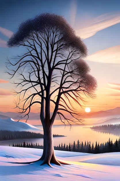 bellissimo albero nel paesaggio invernale a tarda sera nella pittura di illustrazione di arte digitale nevicata