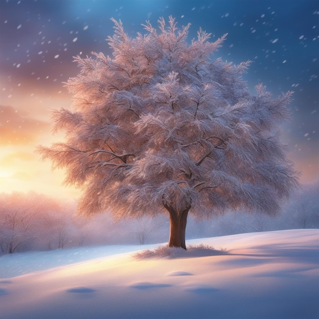 bellissimo albero nel paesaggio invernale in tarda serata nell'illustrazione di arte digitale nevicata