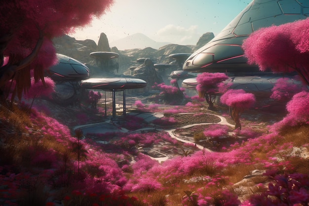 Bellissimo alieno futuristico natura fiori rosa mondo concetto di insediamento umano Espansione spaziale colonizzazione spaziale AI generativo