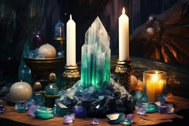 Bellissimo altare esoterico e mistico per la meditazione con cristalli e pietre semipreziose Zen Temple Generative AI