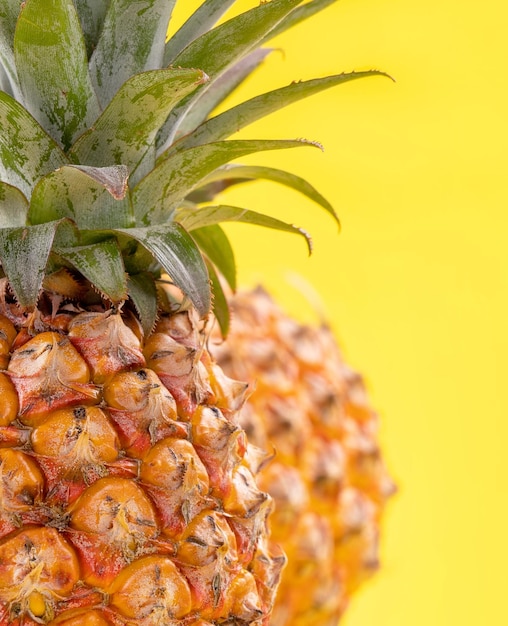 Bellissimo ananas fresco isolato su sfondo giallo brillante estate frutta stagionale design idea modello concetto copia spazio primo piano