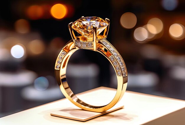 Bellissimo anello d'oro con pietre preziose su espositore bianco