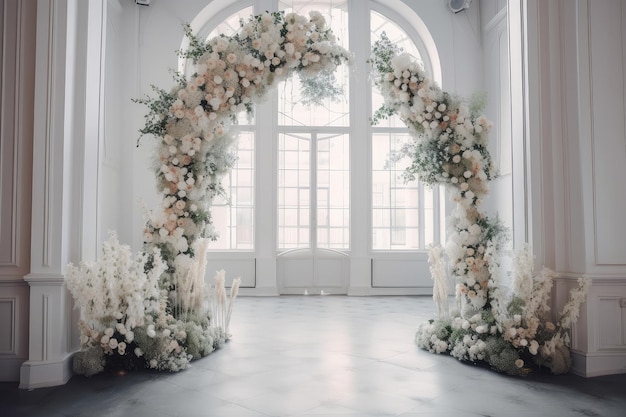 Bellissimo arco con fiori che sbocciano al matrimonio moderno ed elegante