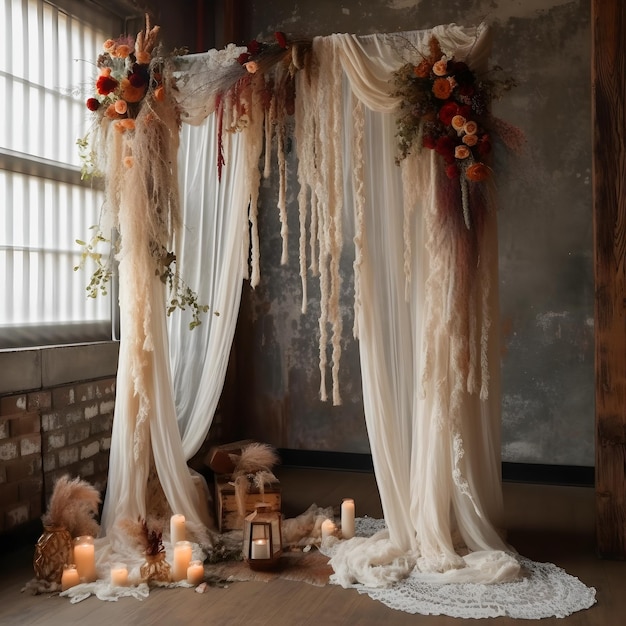 Bellissimo arco da matrimonio in stile Boho con sovrapposizione in tessuto di garza garza delicata