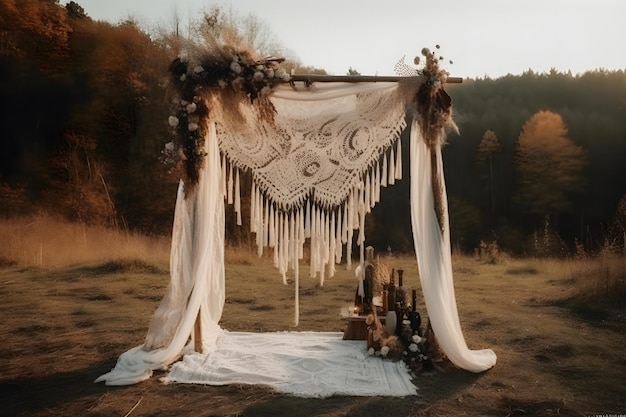 Bellissimo arco da matrimonio in stile Boho con sovrapposizione in tessuto di garza garza delicata