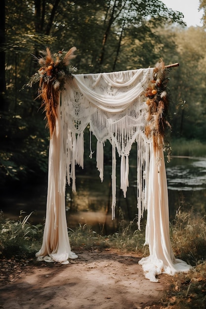 Bellissimo arco da matrimonio in stile Boho con sovrapposizione in tessuto di garza garza delicata