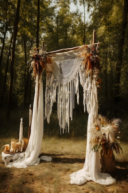 Bellissimo arco da matrimonio in stile Boho con sovrapposizione in tessuto di garza garza delicata