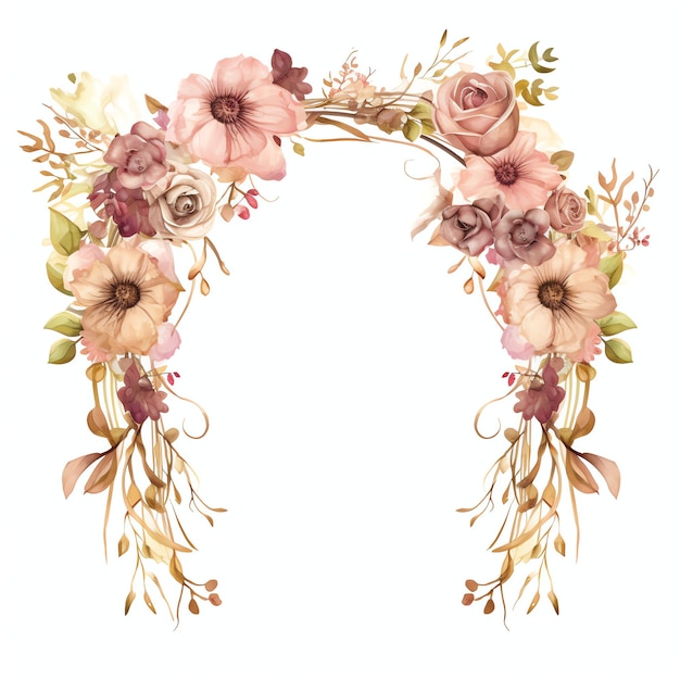 bellissimo arco nuziale decorato con elementi floreali in un'illustrazione clipart in stile boho