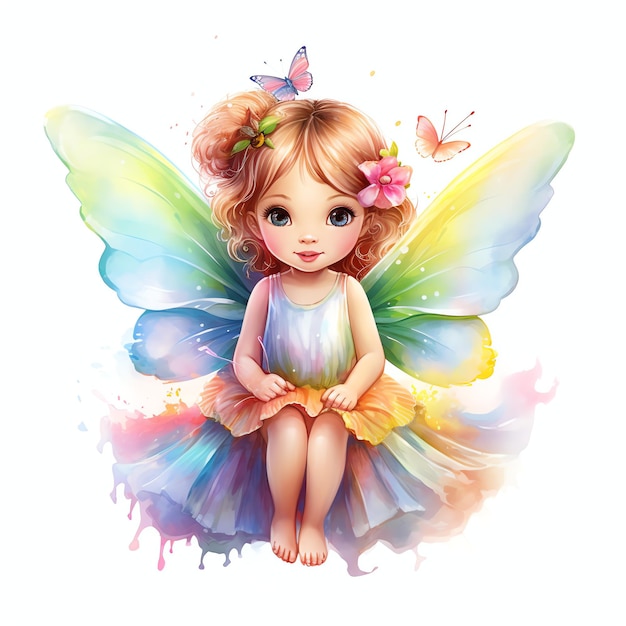 bellissimo bambino adorabile con ali di farfalla arcobaleno e costume di fata acquerello fantasia favola