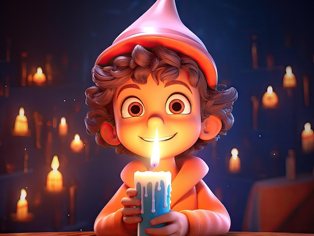 Bellissimo bambino con candela Personaggio dei cartoni animati 3D giocoso stile colorato