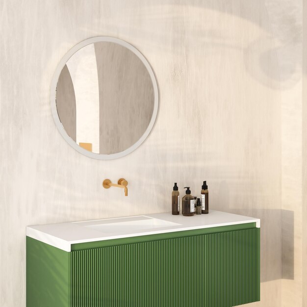 Bellissimo bancone da toeletta bianco vuoto con lavabo in ceramica e rubinetto in stile moderno in un bagno.