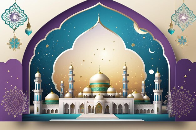 Bellissimo biglietto di auguri per la festa di Eid Mubarak con la moschea e la moschea luccicanti