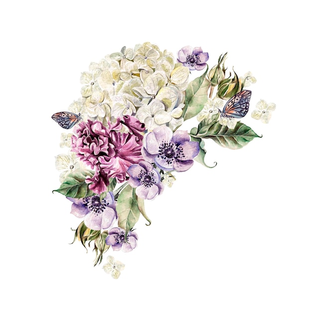 Bellissimo bouquet ad acquerello di fiori di ortensia anemone iris e rosa Illustrazione della carta di nozze