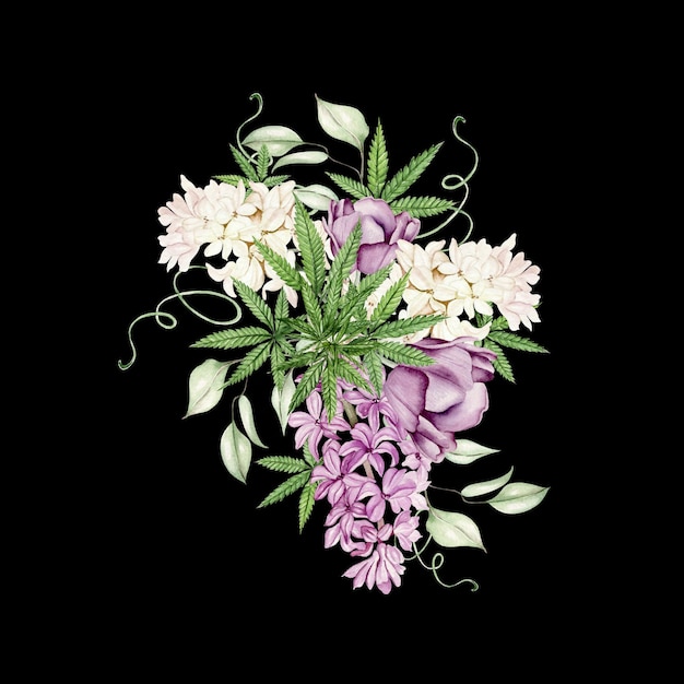 Bellissimo bouquet ad acquerello tenero con diversi fiori e cannabis IllustrationxA