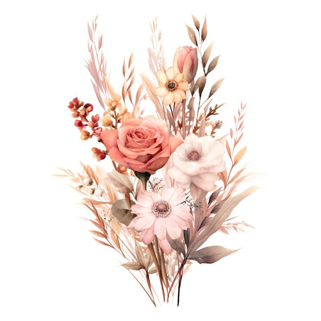 Bellissimo bouquet d'autunno ad acquerello Boho Bouquet floreale Illustrazione disegnata a mano su sfondo bianco