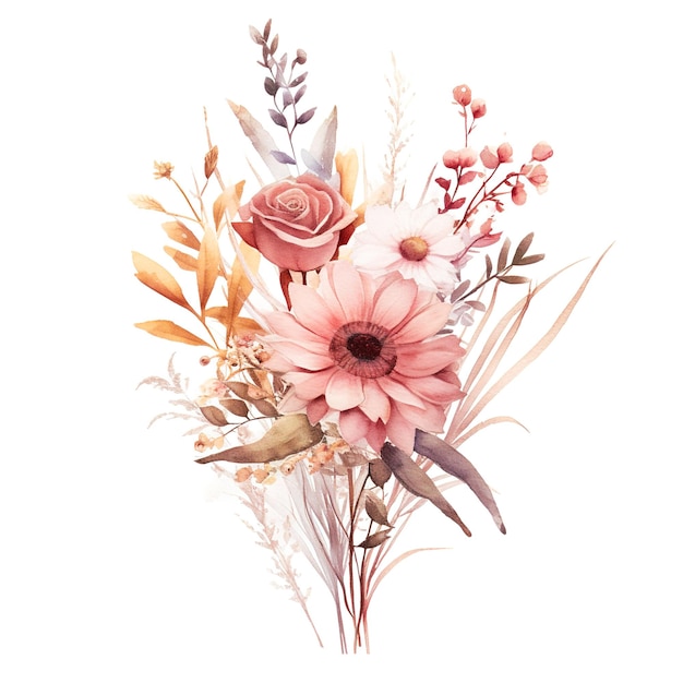 Bellissimo bouquet d'autunno ad acquerello Boho Bouquet floreale Illustrazione disegnata a mano su sfondo bianco